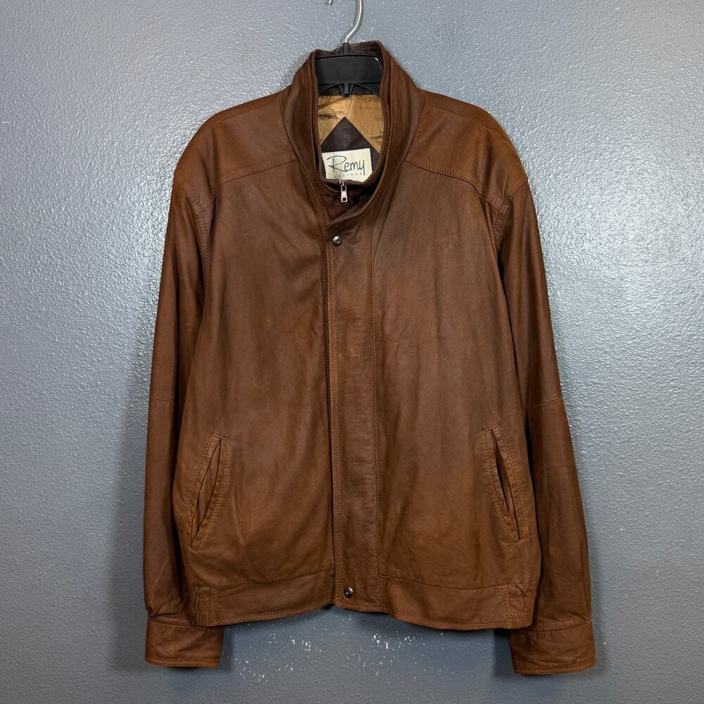Remy us48 men brown leather jacket vintage bomber biker motorcycle riding USA